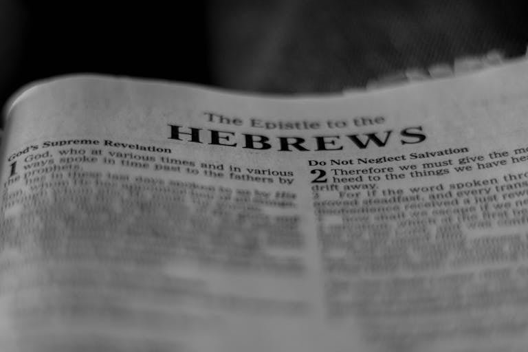 Black and white close-up of the book of Hebrews chapter in an open Bible