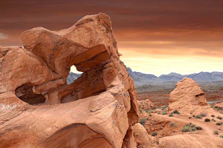 Red rock formation with sunset at Valley on fire
