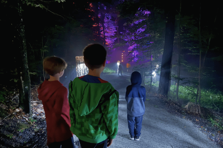 Three boys standing and looking at the light show in Mont Tremblant at night