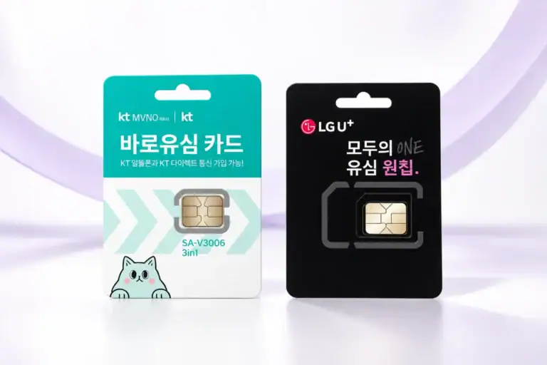 앤텔레콤 선불유심 실물 — 왼쪽 KT 바로유심 카드, 오른쪽 LG 모두의 유심 원칩