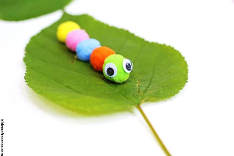 caterpillar pom pom craft on leaf