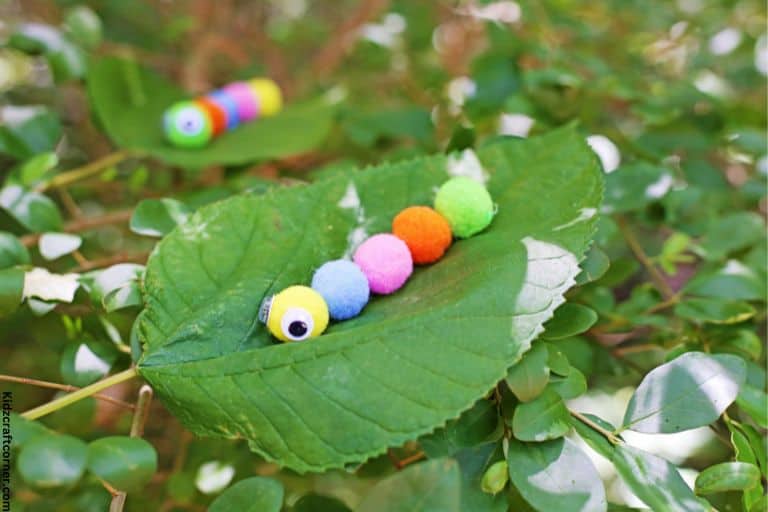 caterpillar craft on a leaf outside
