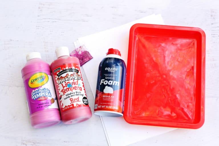 marbled heart supplies, paint, and shave foam