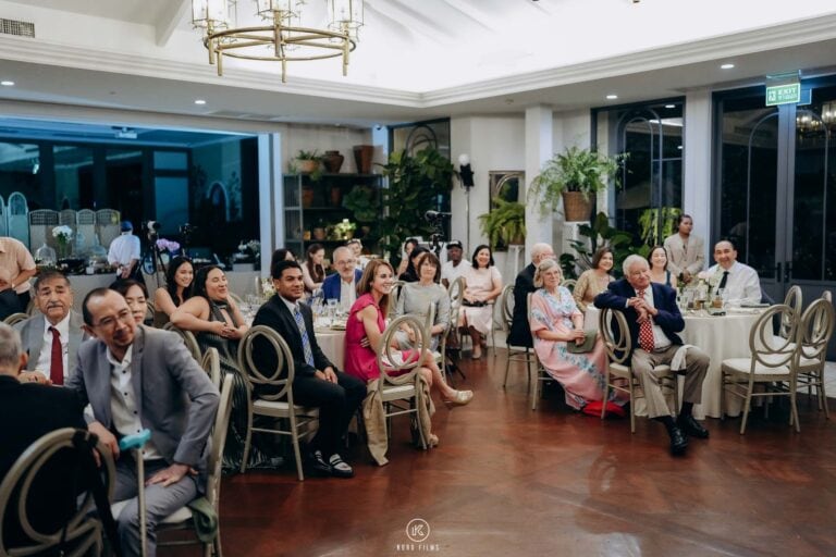 Guests at their tables during the wedding reception at The Botanical House, Bangkok