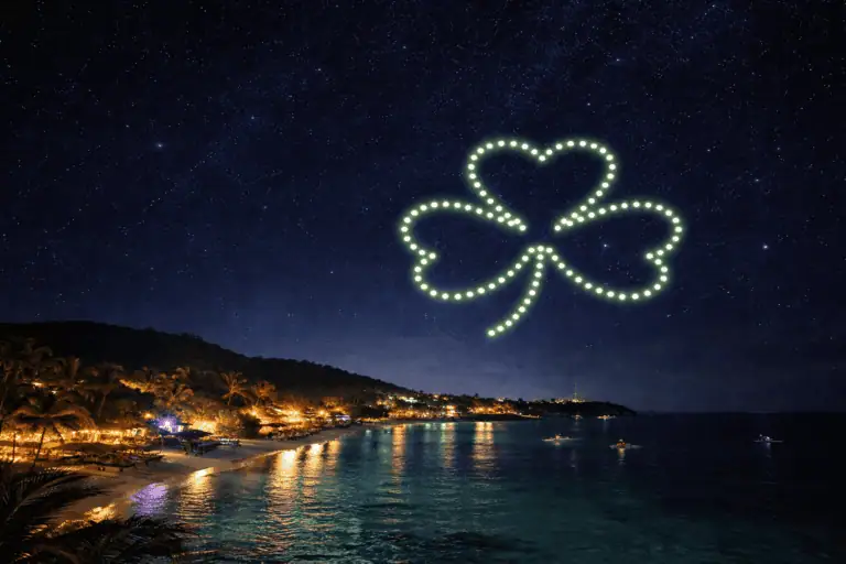 shamrock design in Caribbean night sky with green drone LED lights