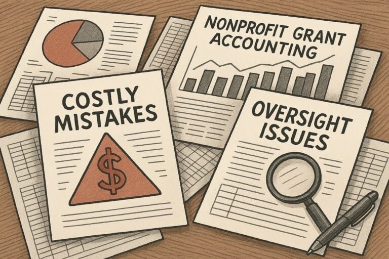 Financial documents and graphs depicting common grant accounting mistakes faced by nonprofits.