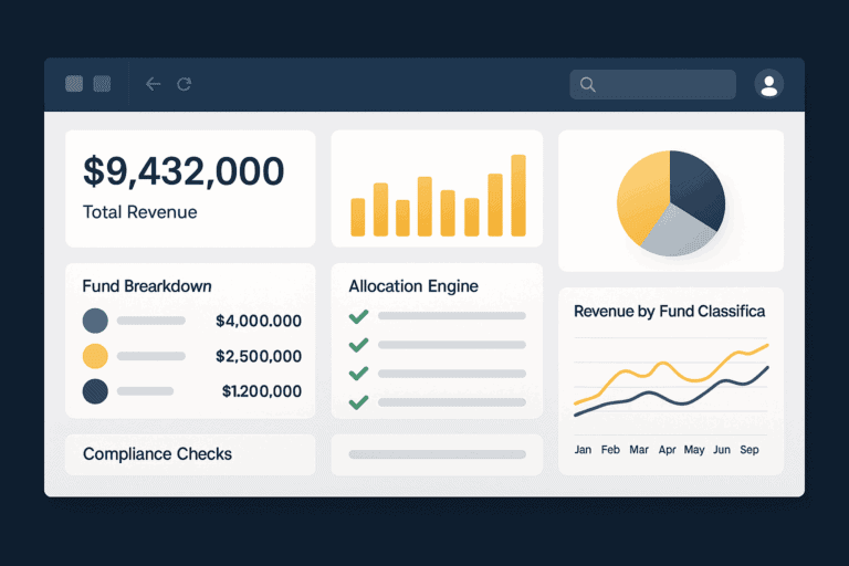 Analytics dashboard showing nonprofit revenue, fund breakdown, allocation engine status, and real-time financial charts.