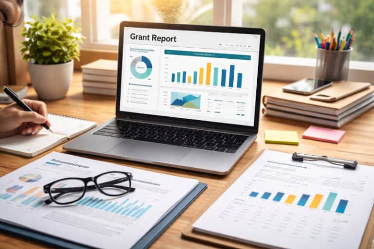 Office desk with a laptop showing a grant reporting software dashboard