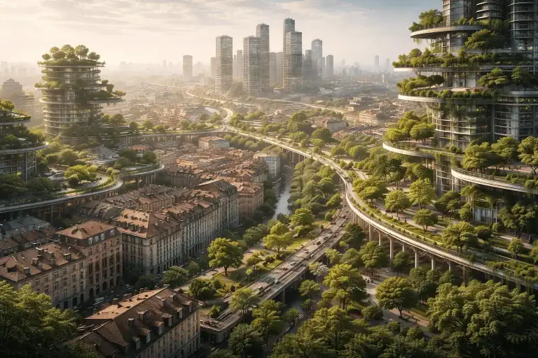 Бетонный парадокс: ИИ изображение города в джунглях