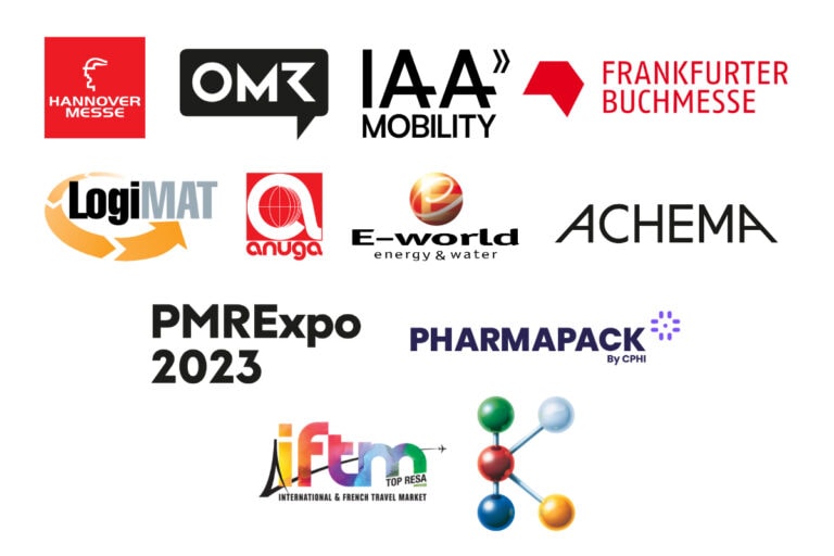 Das Bild zeigt eine Logowolke internationaler Messen in Deutschland