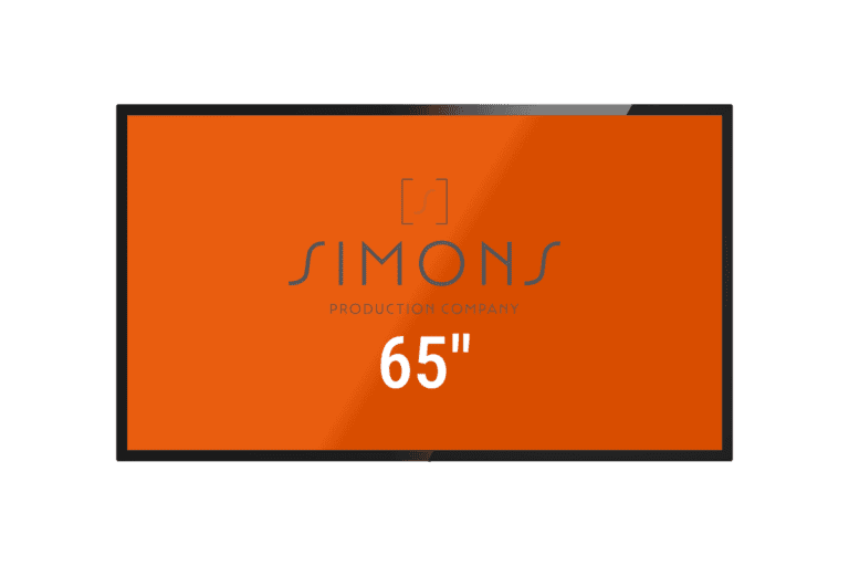 65 Zoll Touchscreen mieten - Bestand erweitert bei SIMONS Production Company. Touchscreen Monitor in 65" mit Simons Production Logo und orangen Hintergrund