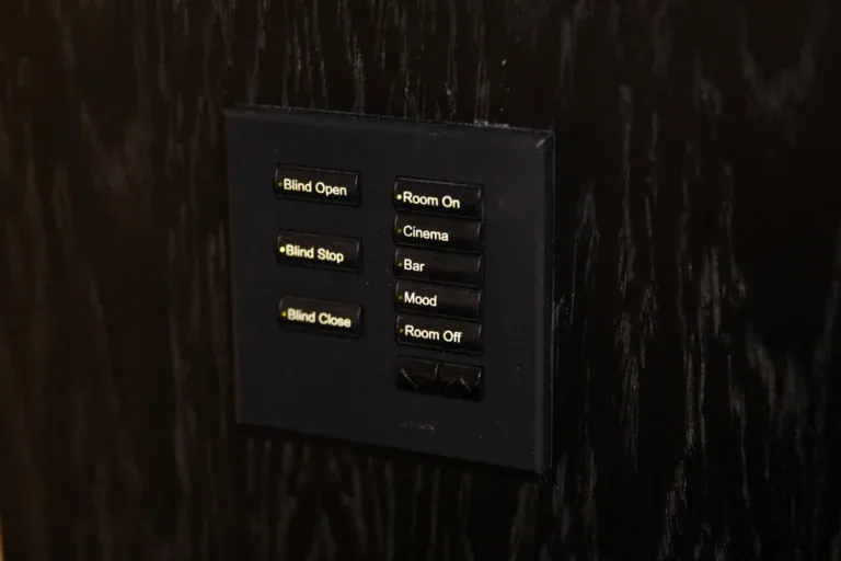 Lighting and blind control keypad with labelled scene buttons on a dark wall