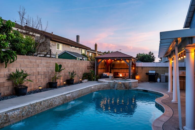 La Palma vacation rental with private pool and spa backyard at sunset