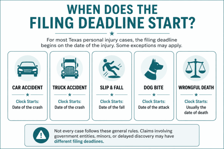 Infographic showing when the Texas statute of limitations generally begins for car accidents, truck accidents, slip and falls, dog bites, and wrongful death claims.