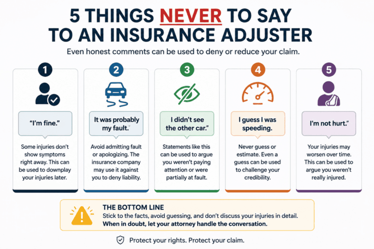 Infographic showing five common statements that can hurt a Texas car accident claim when speaking to an insurance adjuster.