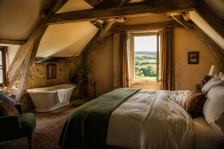 La Chambre Haute : poutres anciennes et baignoire sous les toits