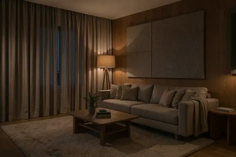 Modernes Wohnzimmer mit guter Raumakustik: Wollteppich, Leinenvorhänge und Filz-Wandpaneel
