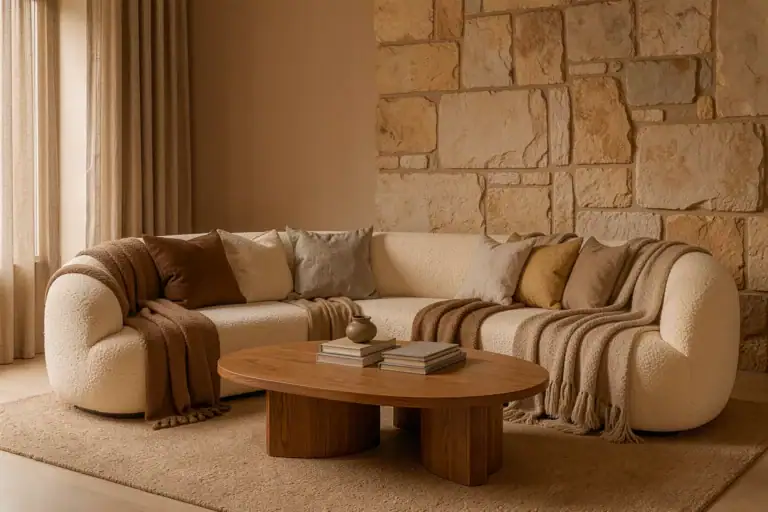 Warm minimalistisches Wohnzimmer mit geschwungenem Boucle-Sofa, Naturstein und Erdtönen