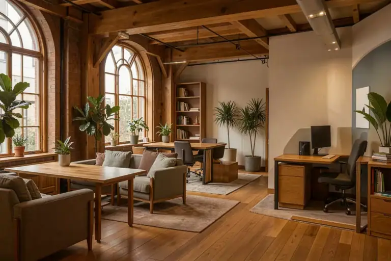 Modernes flexibles Büro in einem umgebauten Altbau mit Eichenholz und Tageslicht