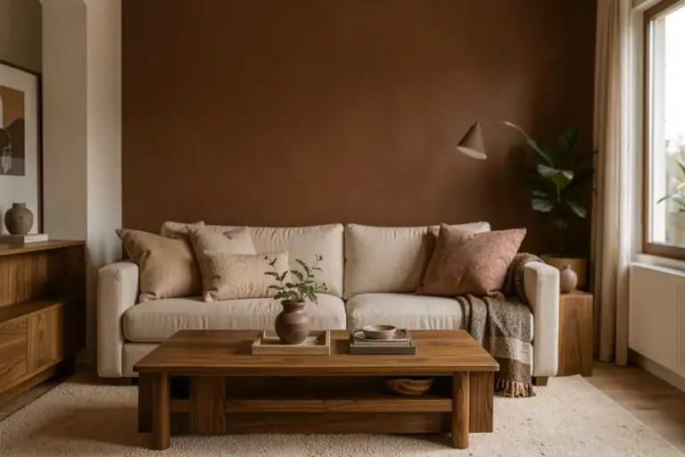 Wohnzimmer in warmen Macchiato-Brauntönen mit Neo-Neutrals, mattem Nussbaum und Leinen-Sofa