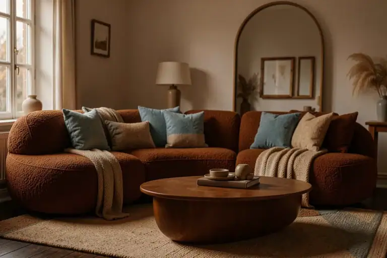 Wohnzimmer mit geschwungenem Sofa in Schokobraun, ovalem Tisch und Bogenspiegel