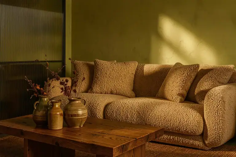 Herbstliches Wohnzimmer mit skulpturalem Bouclé-Sofa, geölter Eiche und Kalkputzwand