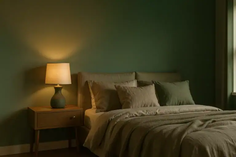 Schlafzimmer mit Color Capping: olivgrüne Wände und tiefgrüne Decke