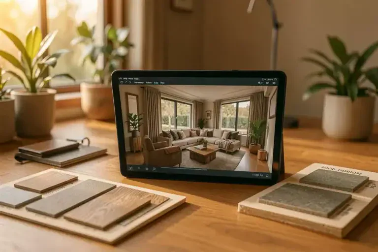 Innenarchitektur-Studio mit Tablet, das eine KI-Raumvisualisierung und Materialmuster zeigt