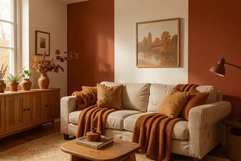 Warmes Wohnzimmer 2026 in Erdtönen mit Leinensofa und Eichenmöbeln statt grauer Monotonie