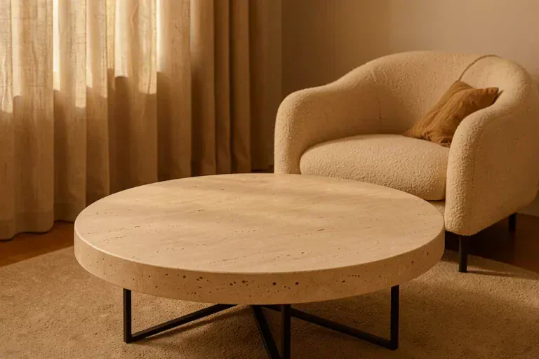 Modernes Wohnzimmer mit rundem Travertin-Couchtisch, Boucle-Sessel und warmem Herbstlicht