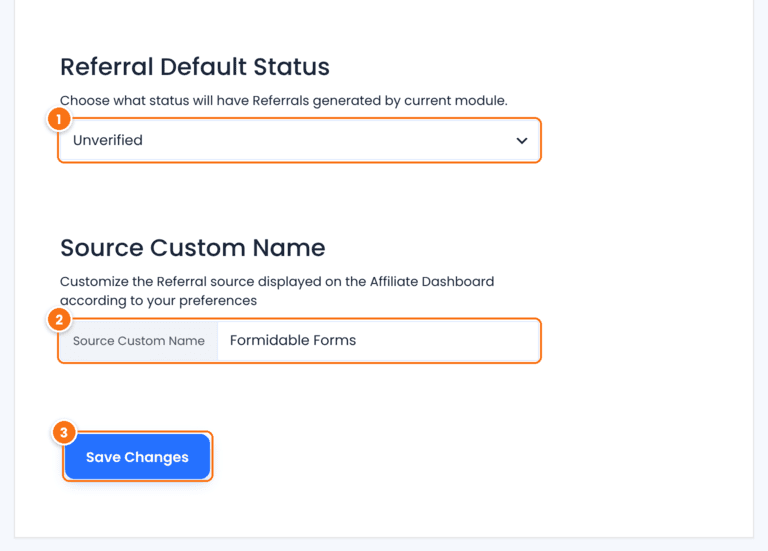 Formidable Forms Tracking settings in Ultimate Affiliate Pro with Referral Default Status set to Unverified, Source Custom Name set to Formidable Forms and the Save Changes button