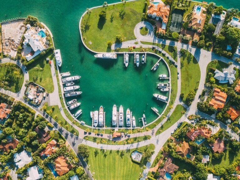 Aerial view of a Miami marina with yachts