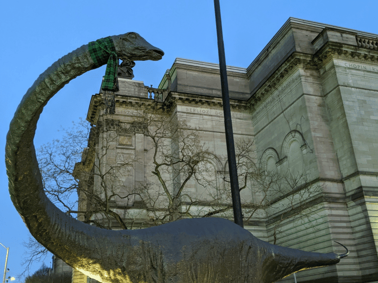 Carnegie facade with Dinosaur sculpture