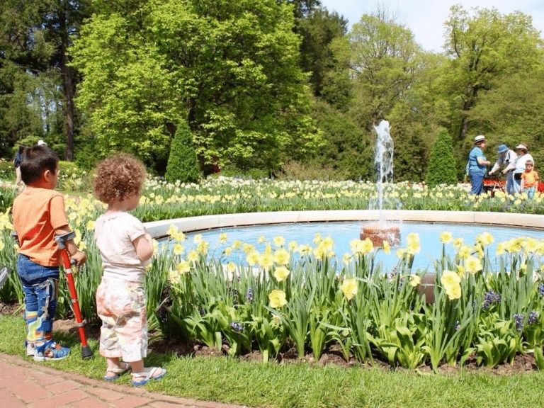 Longwood garden Pennsylvania kids in front a pond