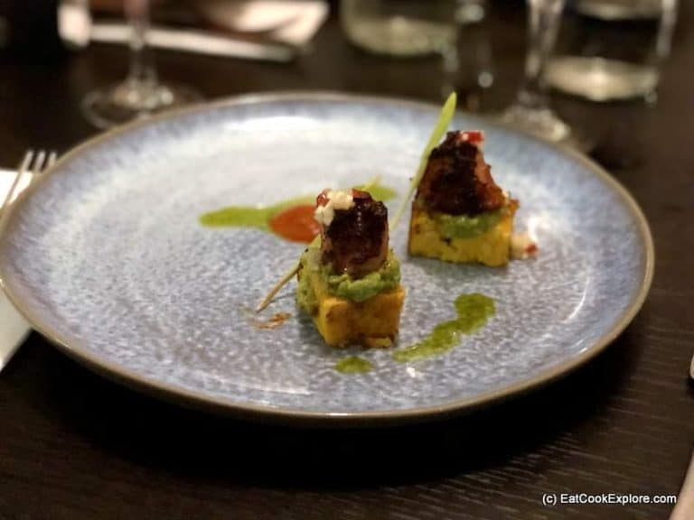 Octopus choclo Anticucho sauce, Inca golden cake, avocado and maca puree white asparagus