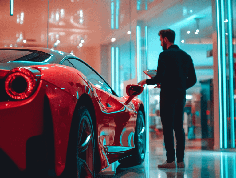 Man in Showroom standing next to red sports car