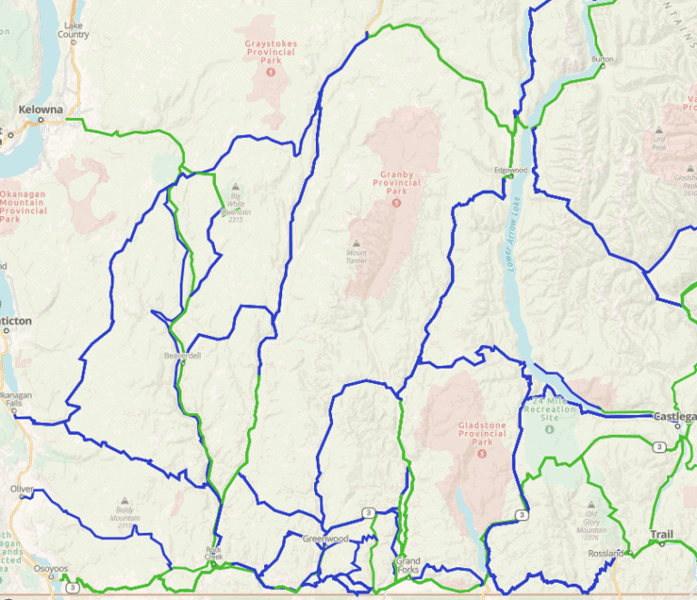 Gaia map of motorcycle routes in the Kootenay boundary