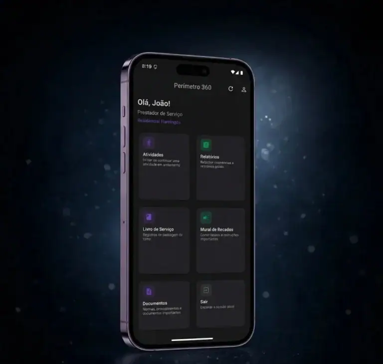 Aplicativo Perímetro 360 exibido em smartphone com interface de login e funcionalidades de monitoramento e segurança 24h