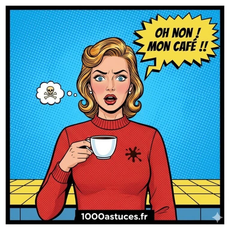 Une jeune femme renverse du café sur son pull. Astuces naturelles pour enlever les taches de café sur vaisselle ou textile. 1000astuces.fr