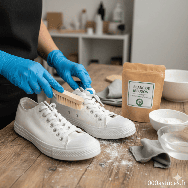 Vos tennis blanches sont ternies ? Découvrez une astuce naturelle au blanc de Meudon pour nettoyer, raviver et redonner éclat à vos chaussures en toile. Toutes les étapes sont sur 1000astuces.fr. #chaussures #tennisblanches #nettoyage #blancdeMeudon #astucesmaison