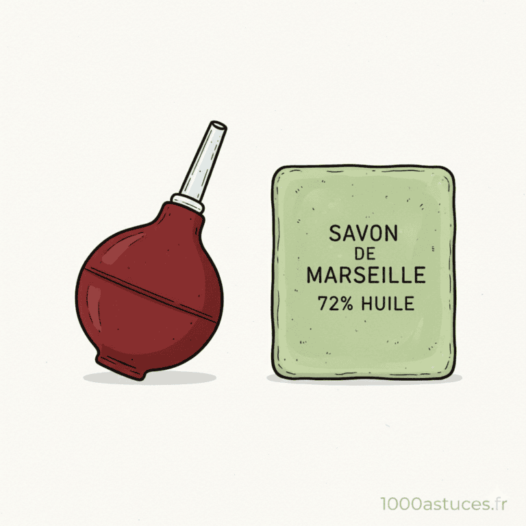 Dessin d’une poire de lavement et d’un savon de Marseille, astuces pour faire des lavements maison, santé naturelle, solutions d’hygiène, conseils pratiques, 1000astuces.fr