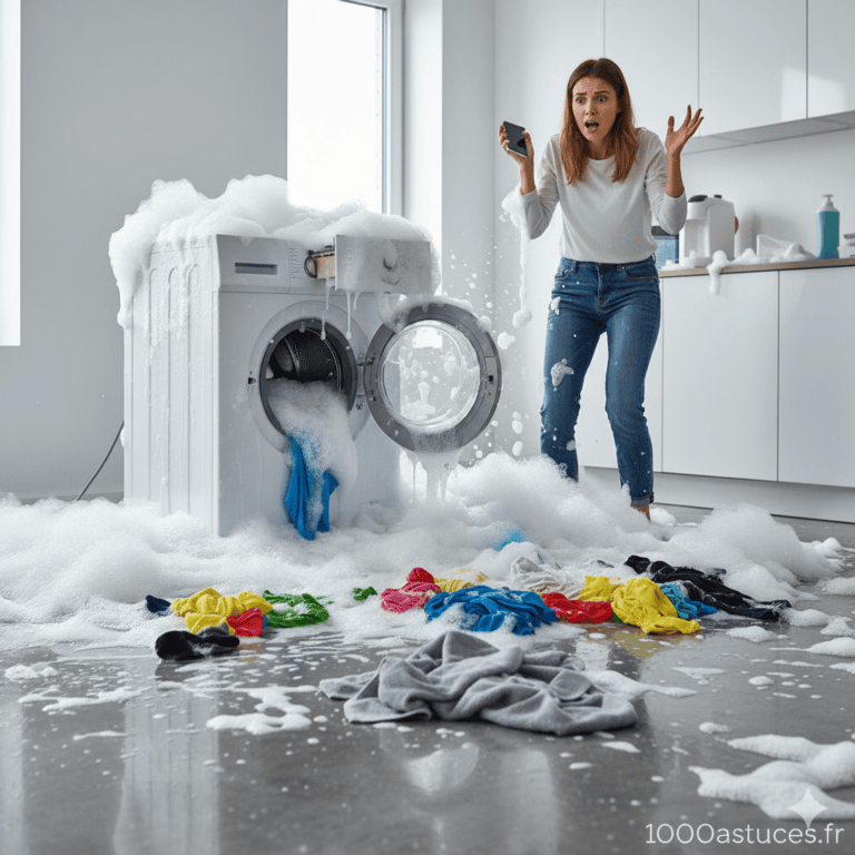 Votre machine à laver déborde de mousse ? Découvrez une astuce express au vinaigre blanc pour stopper le débordement rapidement. Toutes les solutions sont sur 1000astuces.fr. #machineàlaver #réparation #vinaigreblanc #astucesmaison