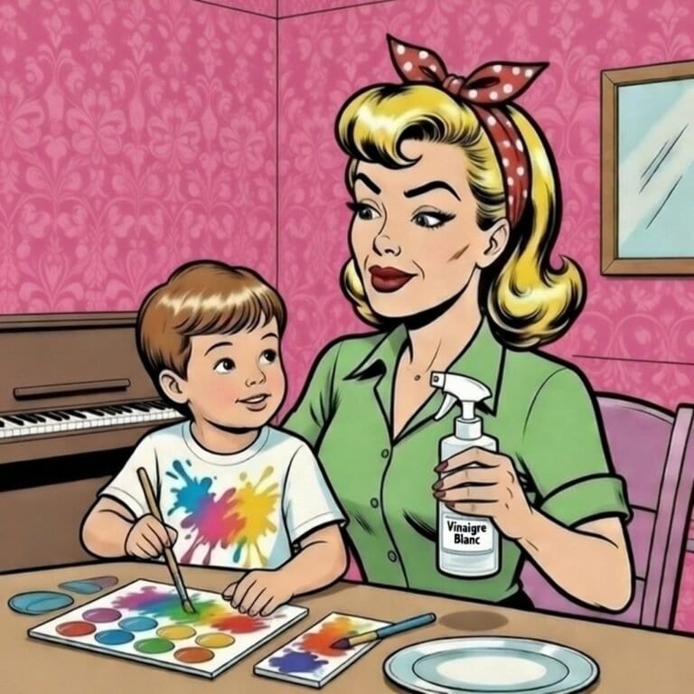 Le fils de Mina Pop tache son t shirt avec de l'aquarelle . illustration pop art