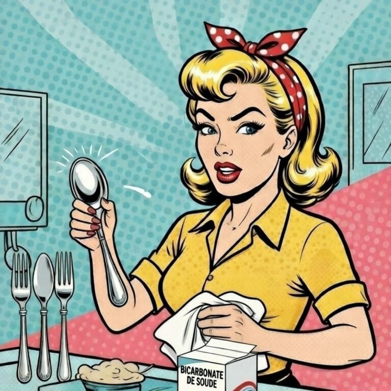 Mina Pop nettoie l'argenterie avec du Bicarbonate de soude (Baking soda) . Illustration Pop ART