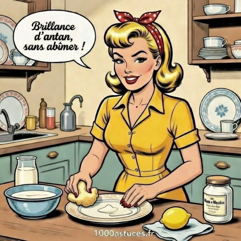 Mina nettoie délicatement une assiette ancienne avec une éponge douce et du Blanc de Meudon.