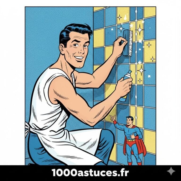 illustration d'un homme qui nettoie les joins noircis de la salle de bain . astuces pour nettoyer et retrouver la couleur des joints de la salle de bain . 1000astuces.fr