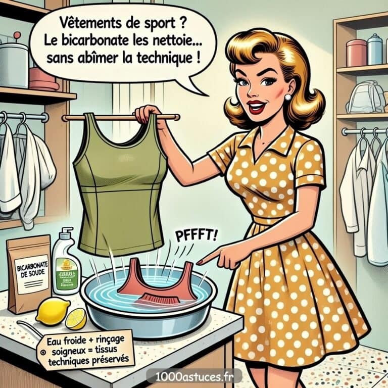 Femme rétro dans une buanderie nettoyant des vêtements de sport avec du bicarbonate, citron et savon doux, astuce pour préserver les tissus techniques