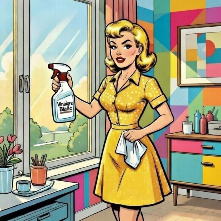 Mina Pop en robe rétro jaune nettoyant une fenêtre avec du vinaigre blanc, dans un intérieur coloré et vintage.