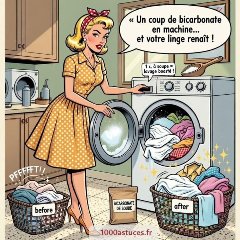 Femme rétro ajoutant du bicarbonate dans une machine à laver, linge terne transformé en vêtements éclatants après lavage naturel