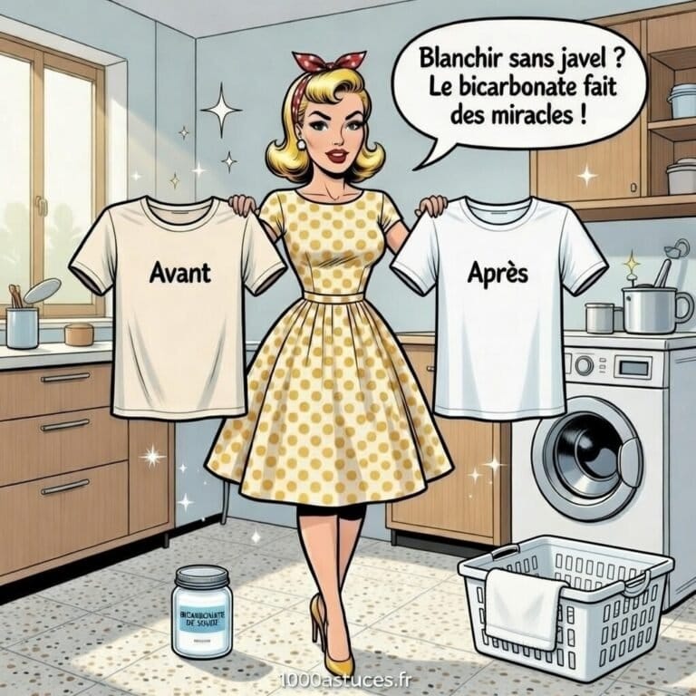 Femme rétro souriante tenant un t-shirt blanc éclatant et un autre jauni, bicarbonate utilisé pour blanchir le linge sans javel, astuce naturelle en buanderie